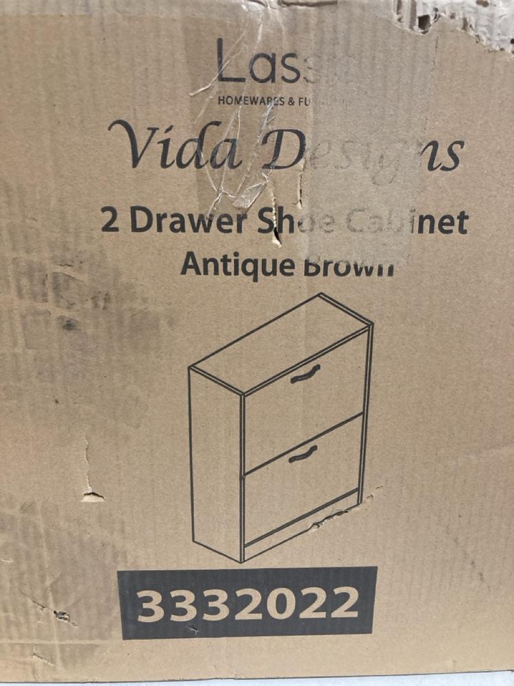 Lot 293  
            Birmingham SR107 - Parcel Delivery Only 

                
VIDA DESIGNS 2 DRAWER SHOE CABINET IN ANTIQUE BROWN