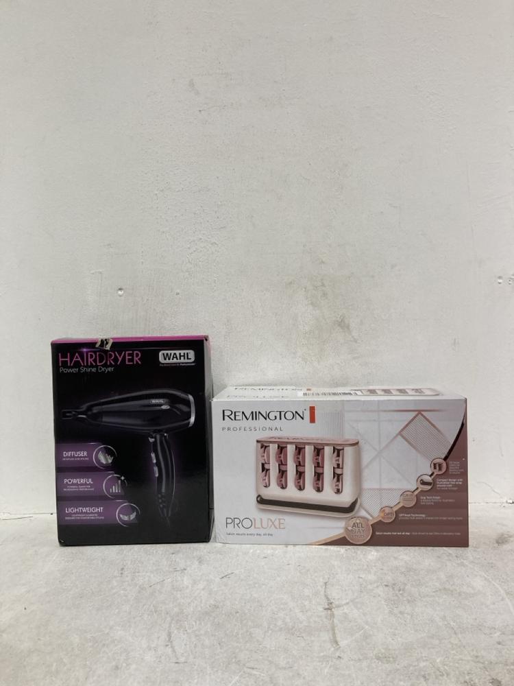 Lot 323  
            Birmingham SR107 - Parcel Delivery Only 

                
WAHL HAIRDRYER POWER SHINE DRYER AND REMINGTON PROLUXE H9100 HAIR ROLLERS