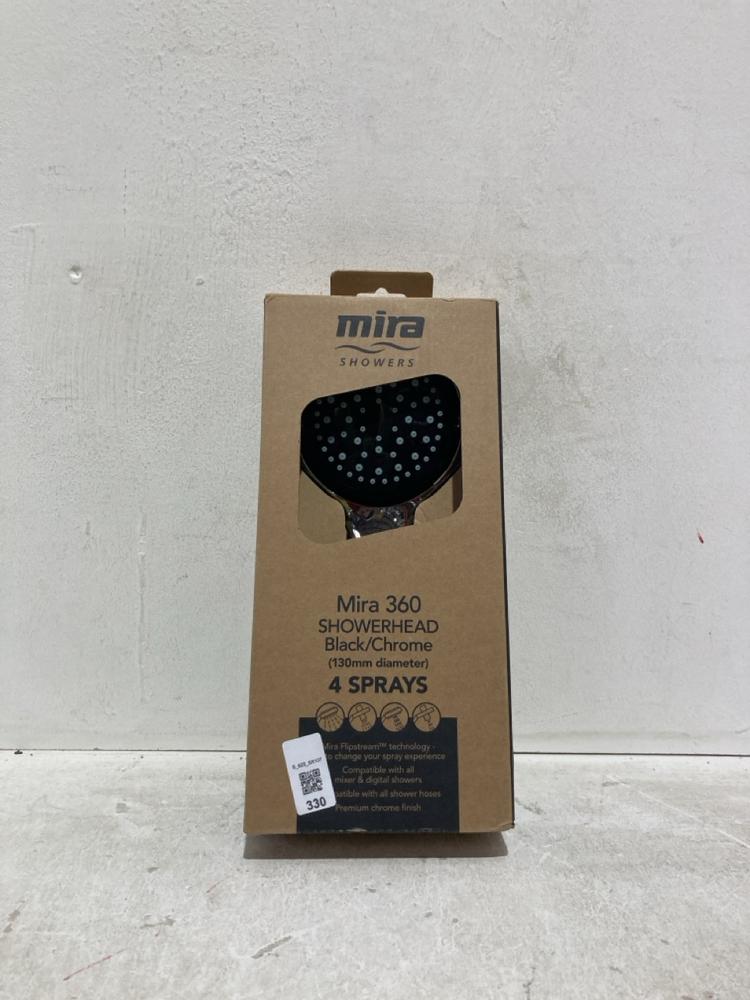Lot 330  
            Birmingham SR107 - Parcel Delivery Only 

                
MIRA SHOWERHEAD BLACK/CHROME 4 SPRAY (130MM DIAMETER)