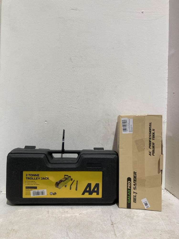 Lot 331  
            Birmingham SR107 - Parcel Delivery Only 

                
AA 2 TONNE TROLLEY JACK AND GALAXY PRO BELT STANDER