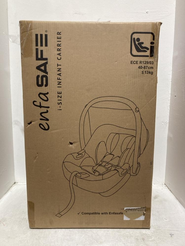 Lot 334  
            Birmingham SR107 - Parcel Delivery Only 

                
ENFA SAFE I-SIZE BLACK INFANT CARRIER (<13KG)