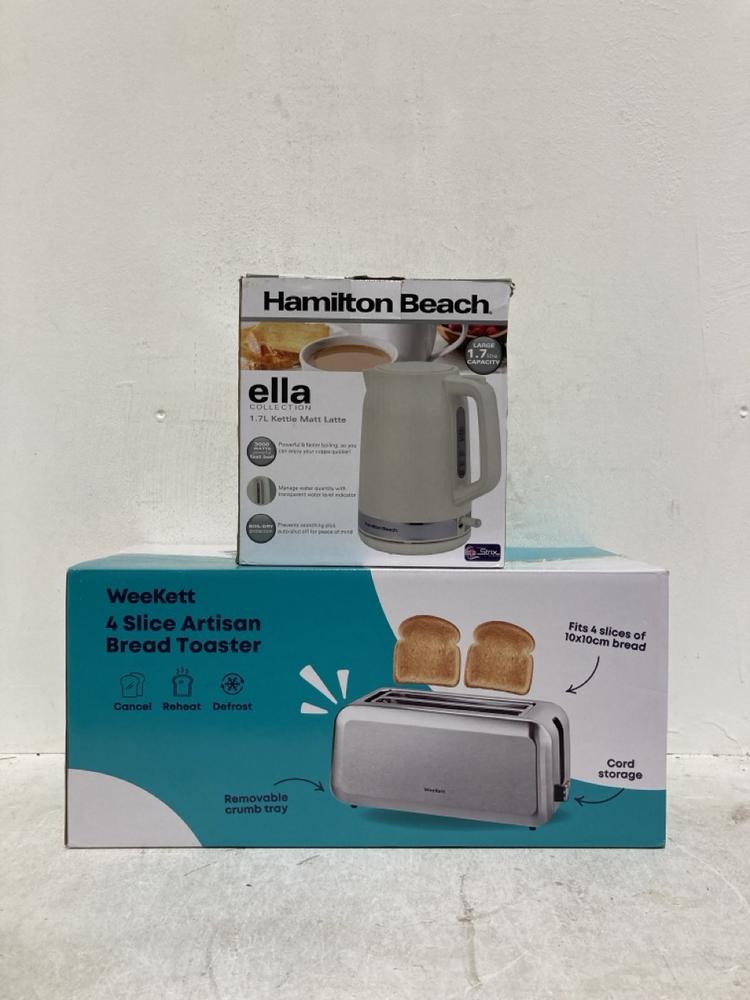 Lot 344  
            Birmingham SR107 - Parcel Delivery Only 

                
HAMILTON BEACH KETTLE MAT AND WEEKETT 4 SLICE ARTISAN BREAD TOASTER
