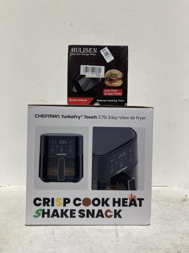Lot 349  
            Birmingham SR107 - Parcel Delivery Only 

                
HULISEN CAST IRON BURGER PRESS AND CHEFMAN TURBOFRY TOUCH AIR FRYER