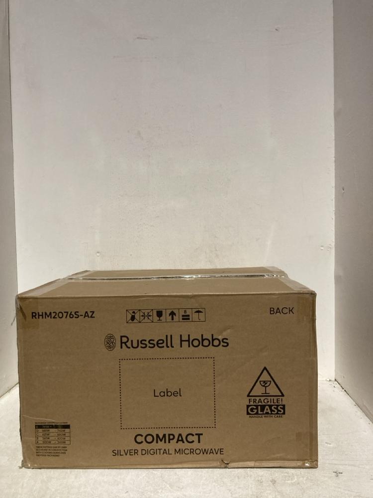 Lot 408  
            Birmingham SR107 - Parcel Delivery Only 

                
RUSSELL HOBBS COMPACT SILVER DIGITAL MICROWAVE