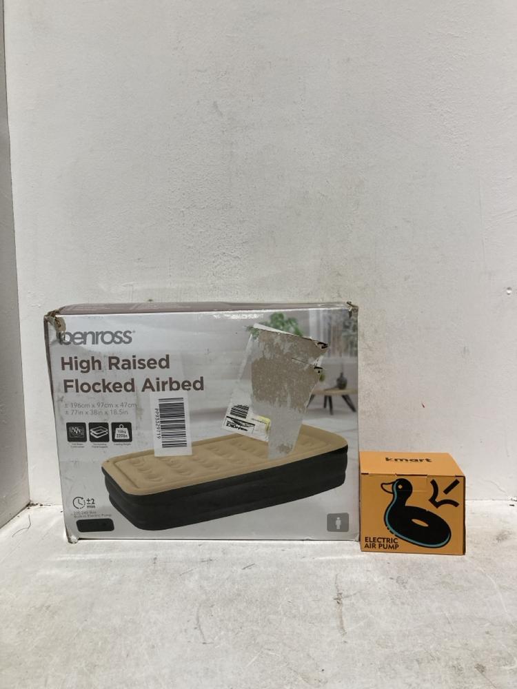 Lot 433  
            Birmingham SR107 - Parcel Delivery Only 

                
ELECTRIC AIR PUMP AND HIGH RAISE FLOCKED AIRBED