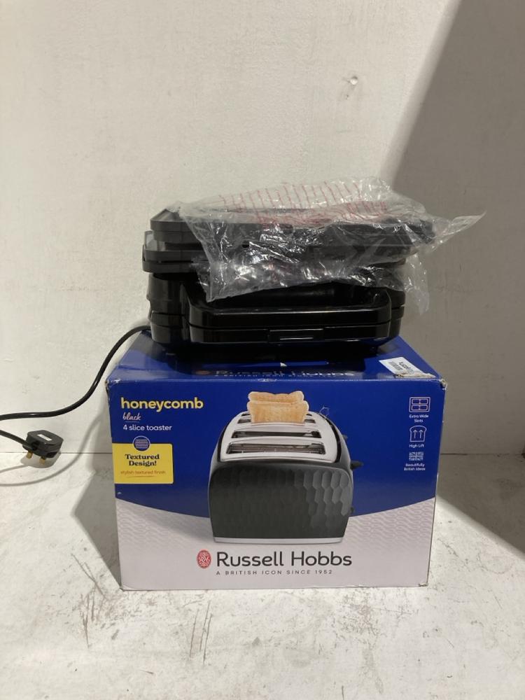Lot 545  
            Birmingham SR107 - Parcel Delivery Only 

                
2 X ITEMS TO INCLUDE RUSSELL HOBBS HONEYCOMB 4 SLICE TOASTER IN BLACK