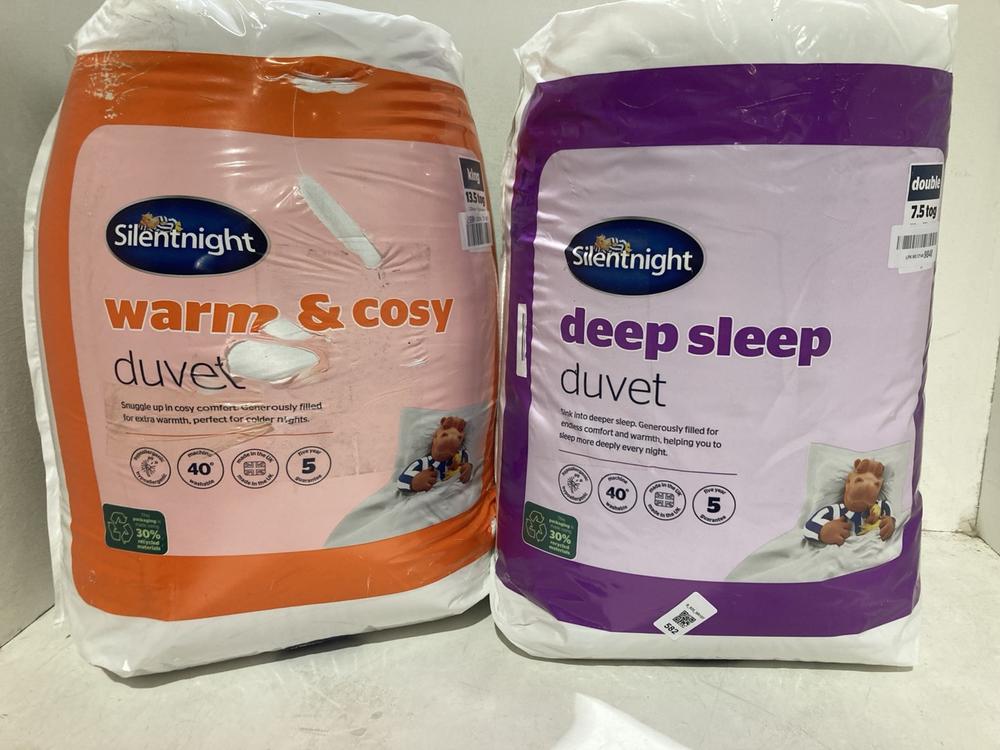 Lot 582  
            Birmingham SR107 - Parcel Delivery Only 

                
2 X ITEMS SILENTNIGHT DEEP SLEEP DUVET DOUBLE, SILENTNIGHT WARM & COSY KING SIZE