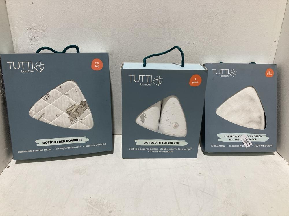 Lot 603  
            Birmingham SR107 - Parcel Delivery Only 

                
3 X ITEMS TO INCLUDE TUTTI BAMBINI COT BED FITTED SHEETS