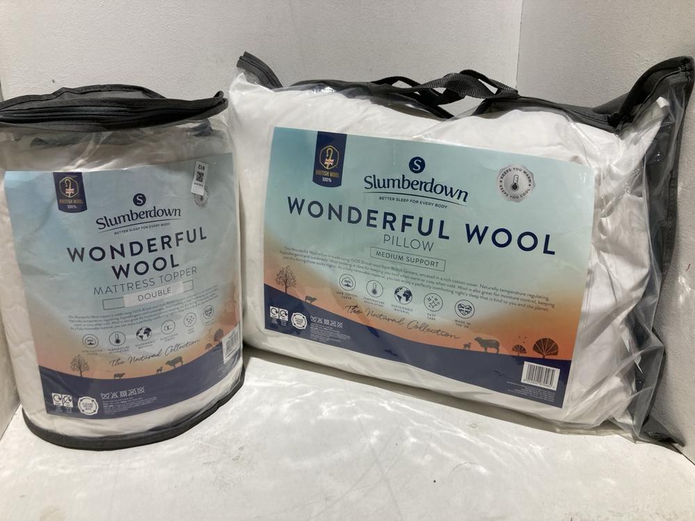 Lot 612  
            Birmingham SR107 - Parcel Delivery Only 

                
2 X ITEMS TO INCLUDE SLUMBERDOWN WONDERFUL WOOL DOUBLE MATTRESS TOPPER