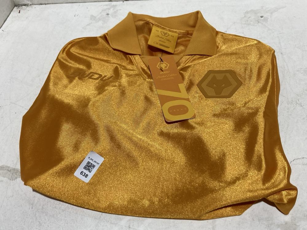 Lot 638  
            Birmingham SR107 - Parcel Delivery Only 

                
WOLVES LIMITED EDITION FOOTBALL SHIRT 70 YEARS SIZE M