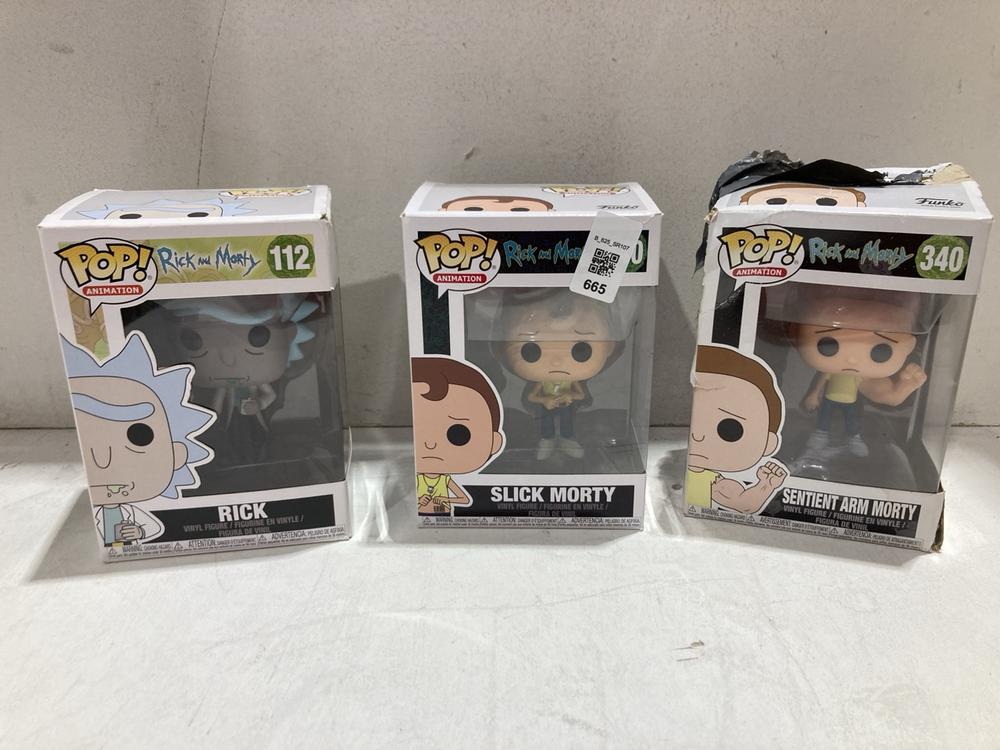 Lot 665  
            Birmingham SR107 - Parcel Delivery Only 

                
3 X ITEMS FUNKO POP RICK & MORTY FIGURES