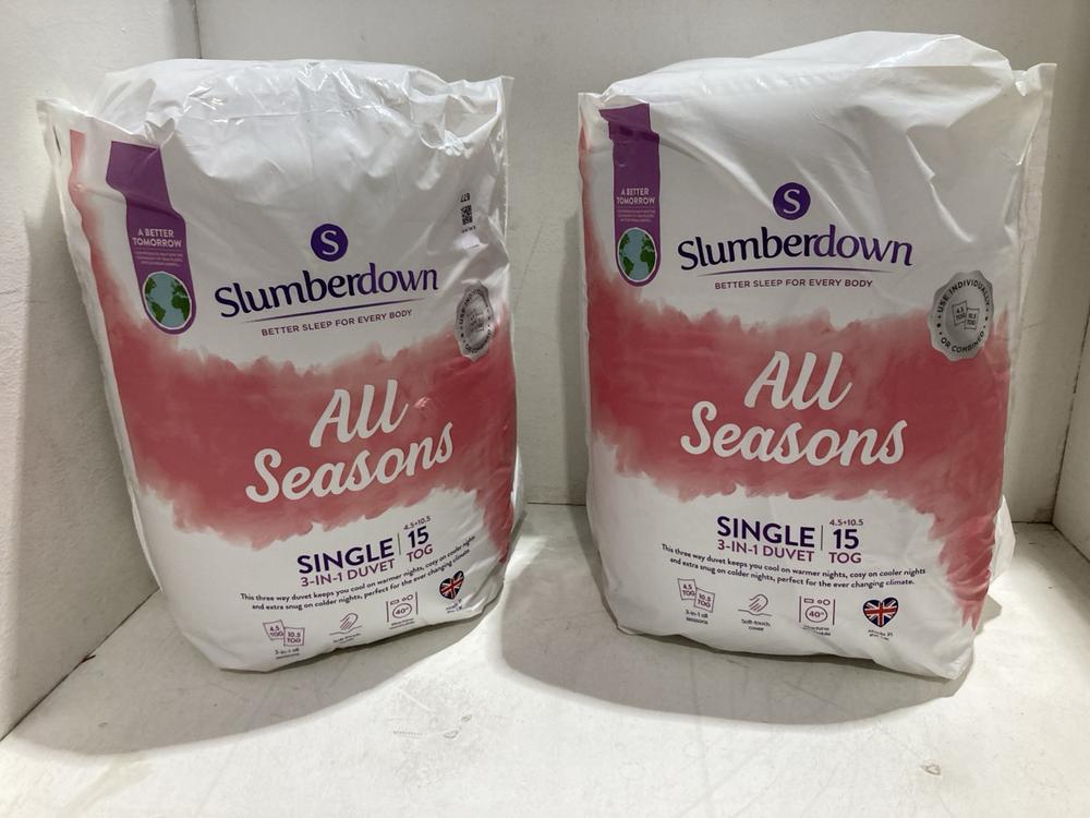 Lot 677  
            Birmingham SR107 - Parcel Delivery Only 

                
2 X SLUMBERDOWN ALL SEASONS SINGLE 3 IN 1 DUVETS