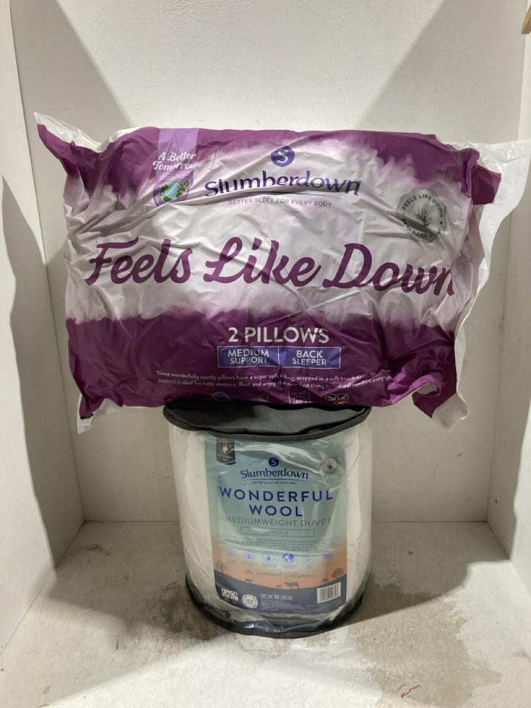 Lot 714  
            Birmingham SR107 - Parcel Delivery Only 

                
ASSORTED LINEN TO INCLUDE SLUMBERDOWN WONDERFUL WOOL MEDIUM WEIGHT DUVET SINGLE