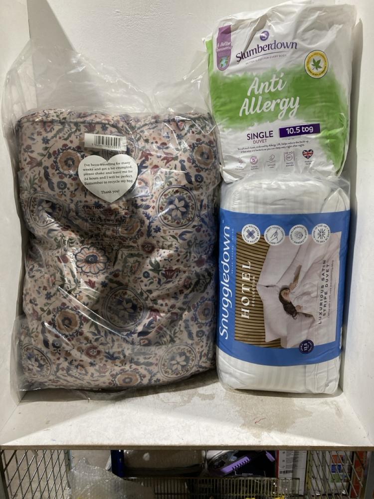 Lot 718  
            Birmingham SR107 - Parcel Delivery Only 

                
ASSORTEFD LINEN TO INCLUDE SLUMBERDOWN ANTI ALLERGY SINGLE DUVET 10.5
