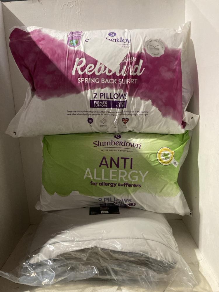 Lot 753  
            Birmingham SR107 - Parcel Delivery Only 

                
ASSORTED LINEN TO INCLUDE SLUMBERDOWN ANTI ALLERGY PILLOW SET OF 2