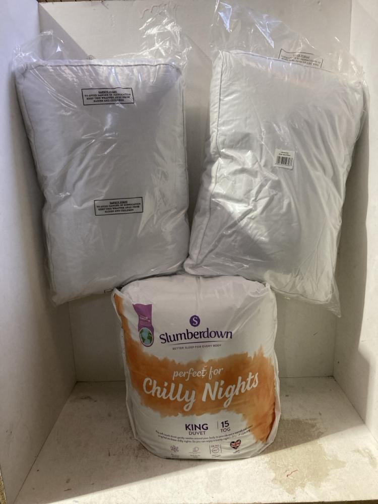 Lot 780  
            Birmingham SR107 - Parcel Delivery Only 

                
3 X ITEMS TO INCLUDE SLUMBERDOWN CHILLY NIGHT KING DUVET 15 TOG
