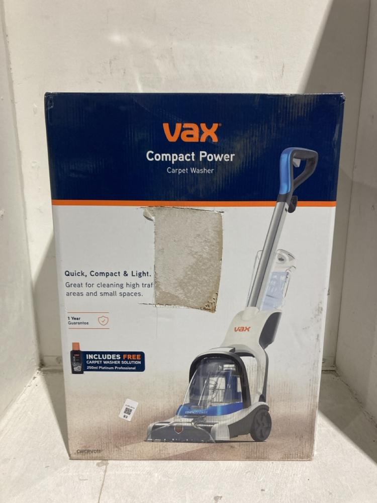 Lot 93  
            Birmingham SR107 - Parcel Delivery Only 

                
VAX COMPACT POWER CARPET WASHER - MODEL CWCPV011 ORIGINAL RRP £89