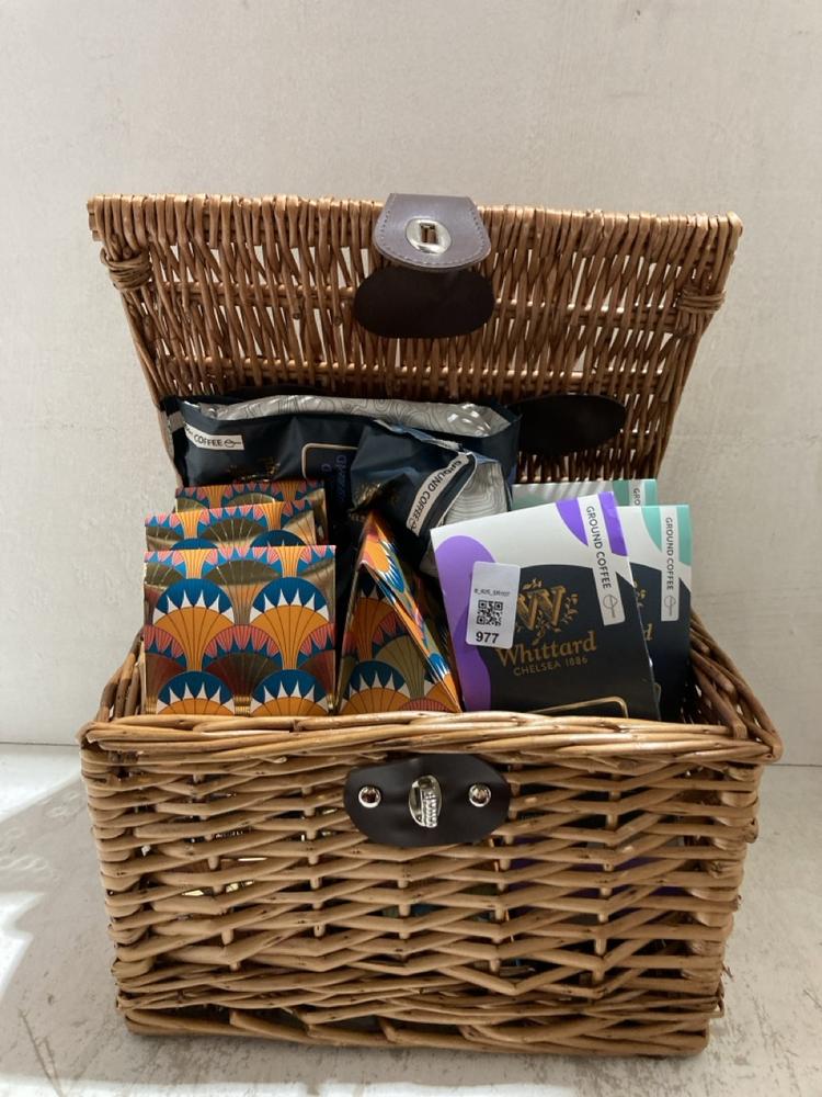 Lot 977  
            Birmingham SR107 - Parcel Delivery Only 

                
WICKER BASKET CONTAINING ASSORTED WHITTARDS COFFEE PRODUCTS TO INCLUDE CHOCOLATE ...