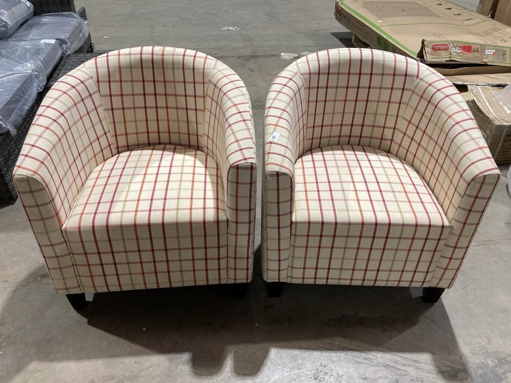 Lot 100  
            Birmingham SR106 - Collection or Optional Delivery Available 

                
2 X TUB CHAIR IN CREAM FABRIC WITH RED PATTERN (LOCATION: ROW 6 - C)
