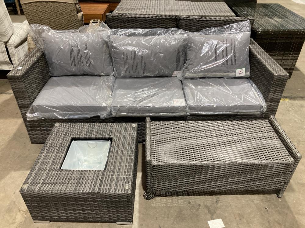 Lot 101  
            Birmingham SR106 - Collection or Optional Delivery Available 

                
RATTAN OUTDOOR 3 SEATER CHAIR WITH COFFEE TABLE (LOCATION: ROW 6 - C)