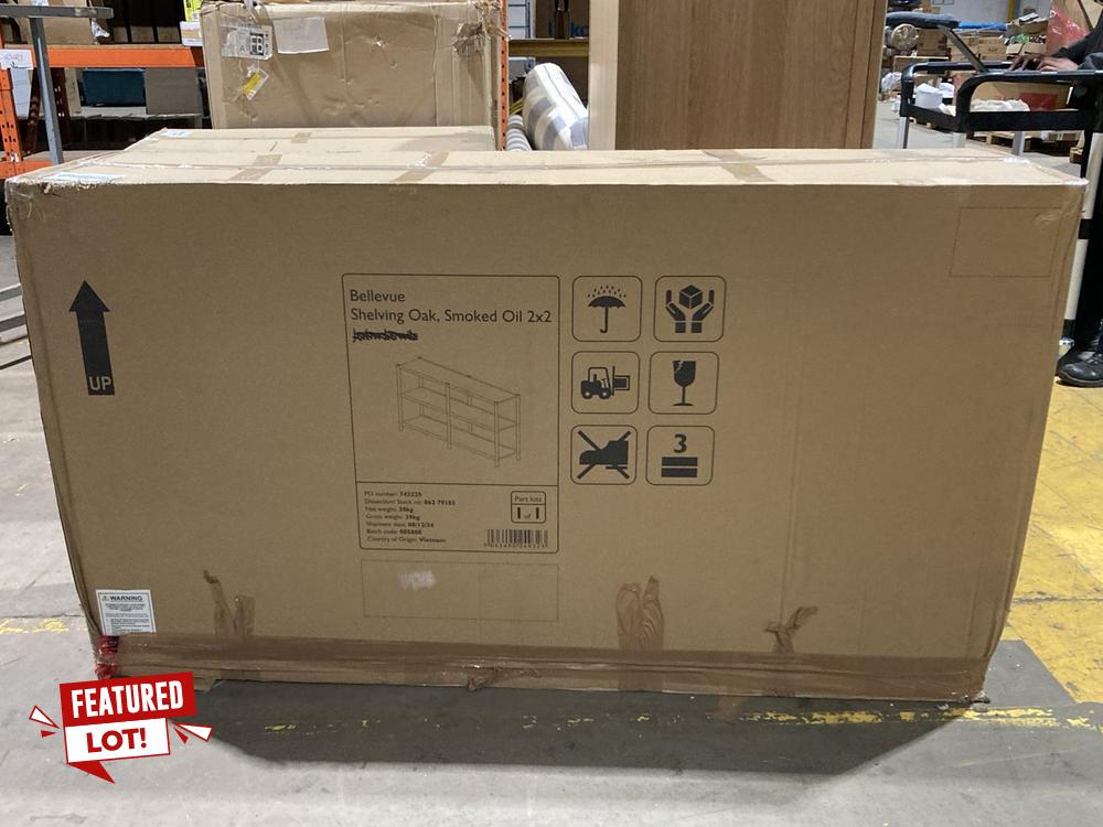 Lot 10  
            Birmingham SR106 - Collection or Optional Delivery Available 

                
JOHN LEWIS AND PARTNERS BELLEVUE SHELVING OAK SMOKED OIL 2 X 2 ORIGINAL RRP £945 ...