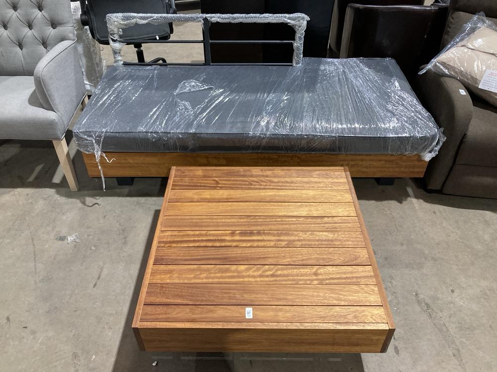 Lot 115  
            Birmingham SR106 - Collection or Optional Delivery Available 

                
3 SEATER BENCH WITH CUSHION TO INCLUDE SQUARE WOODEN COFFEE TABLE (LOCATION: ROW ...