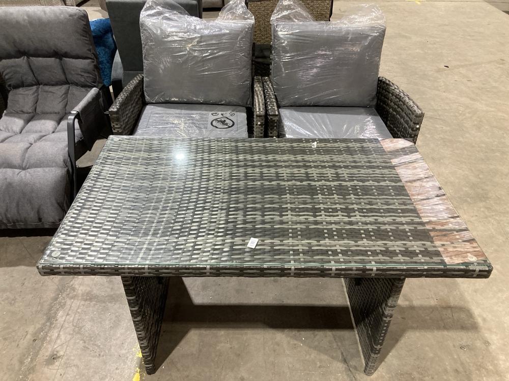 Lot 127  
            Birmingham SR106 - Collection or Optional Delivery Available 

                
RATTAN OUTDOOR SET TO INCLUDE DINING CHAIR SET OF 2 AND 4 SEATER DINING TABLE WIT...