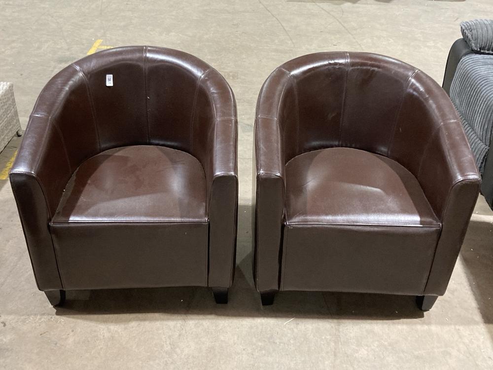 Lot 130  
            Birmingham SR106 - Collection or Optional Delivery Available 

                
2 X TUB BROWN LEATHER FABRIC CHAIR (LOCATION: ROW 5 - C )