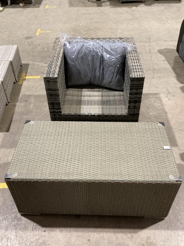 Lot 138  
            Birmingham SR106 - Collection or Optional Delivery Available 

                
RATTAN OUTDOOR HOTEL CHAIR WITH CUSHION TO INCLUDE RECTANGULAR COFFEE TABLE WITH ...