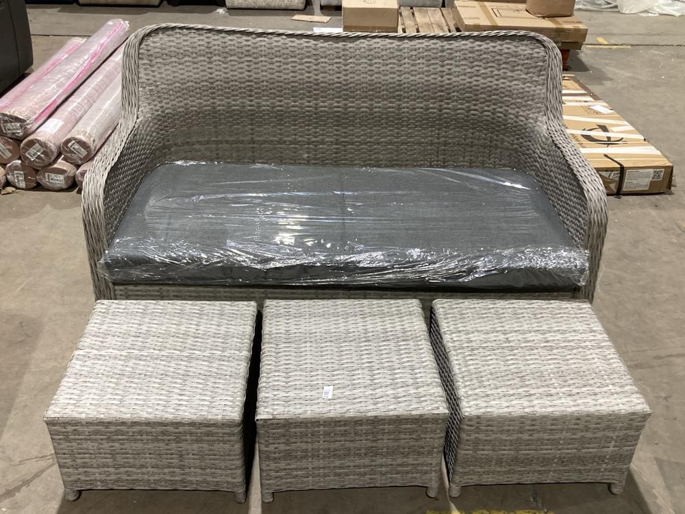 Lot 139  
            Birmingham SR106 - Collection or Optional Delivery Available 

                
RATTAN OUTDOOR 3 SEATER SOFA TO INCLUDE 3 COFFEE TABLE (LOCATION: ROW 4 - C )