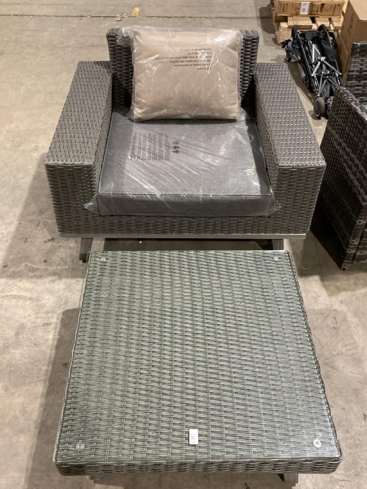 Lot 140  
            Birmingham SR106 - Collection or Optional Delivery Available 

                
RATTAN OUTDOOR HOTEL CHAIT TO INCLUDE COFFEE TABLE WITH GLASS TOP (LOCATION: ROW ...