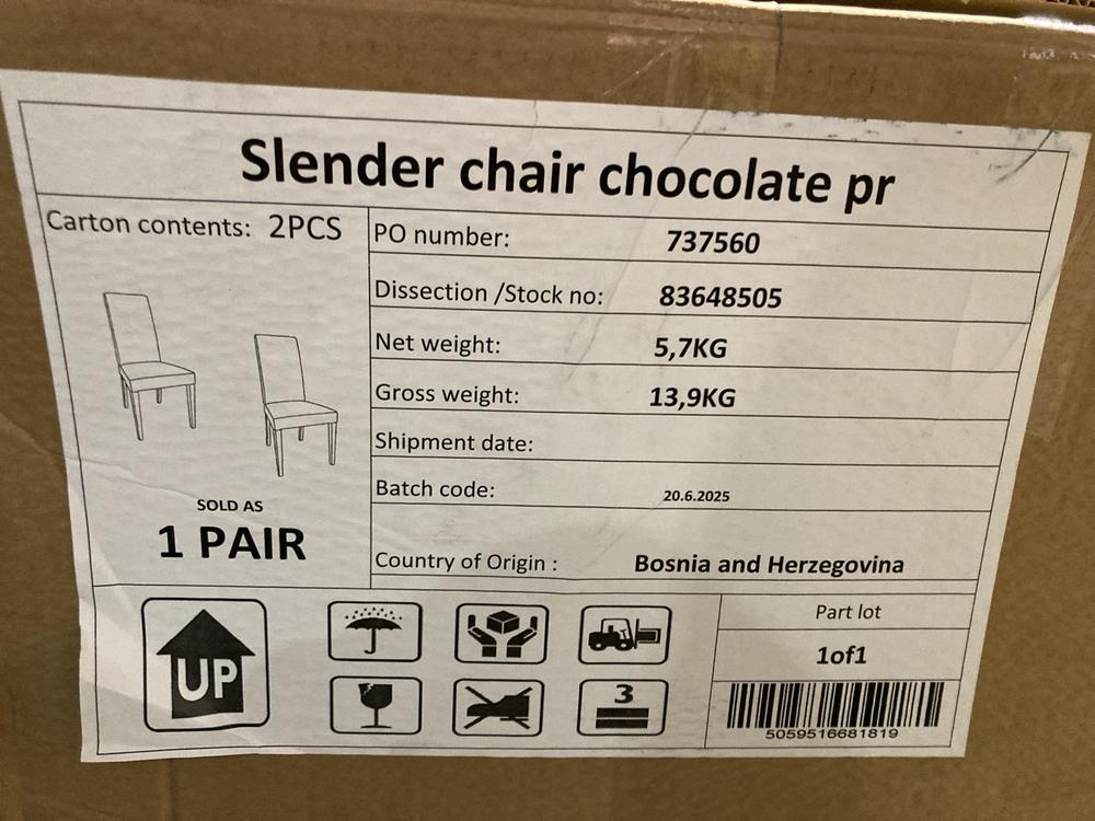 Lot 145  
            Birmingham SR106 - Collection or Optional Delivery Available 

                
JOHN LEWIS AND PARTNERS SLENDER CHAIR CHOCOLATE PR ORIGINAL RRP £179 (003443358) ...