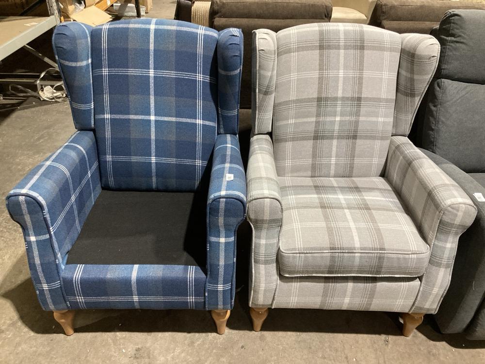Lot 163  
            Birmingham SR106 - Collection or Optional Delivery Available 

                
2 X OSWALD CHECK WINGBACK ARMCHAIR IN BLUE AND GREY (LOCATION: ROW 4 - C )