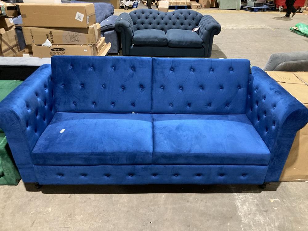 Lot 172  
            Birmingham SR106 - Collection or Optional Delivery Available 

                
BLUE VELVET TUFTED 3 SEATER SOFA BED (LOCATION: ROW 4 - C )