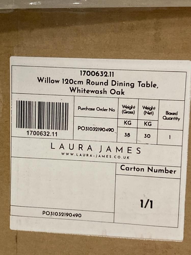 Lot 174  
            Birmingham SR106 - Collection or Optional Delivery Available 

                
LAURA JAMES WILLOW 120CM ROUND DINING TABLE ORIGINAL RRP £299 (LOCATION: ROW 4 - C )