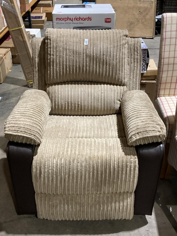 Lot 181  
            Birmingham SR106 - Collection or Optional Delivery Available 

                
JUMBO CORD STYLE FABRIC RECLINER ARMCHAIR (LOCATION: ROW 4 - C )