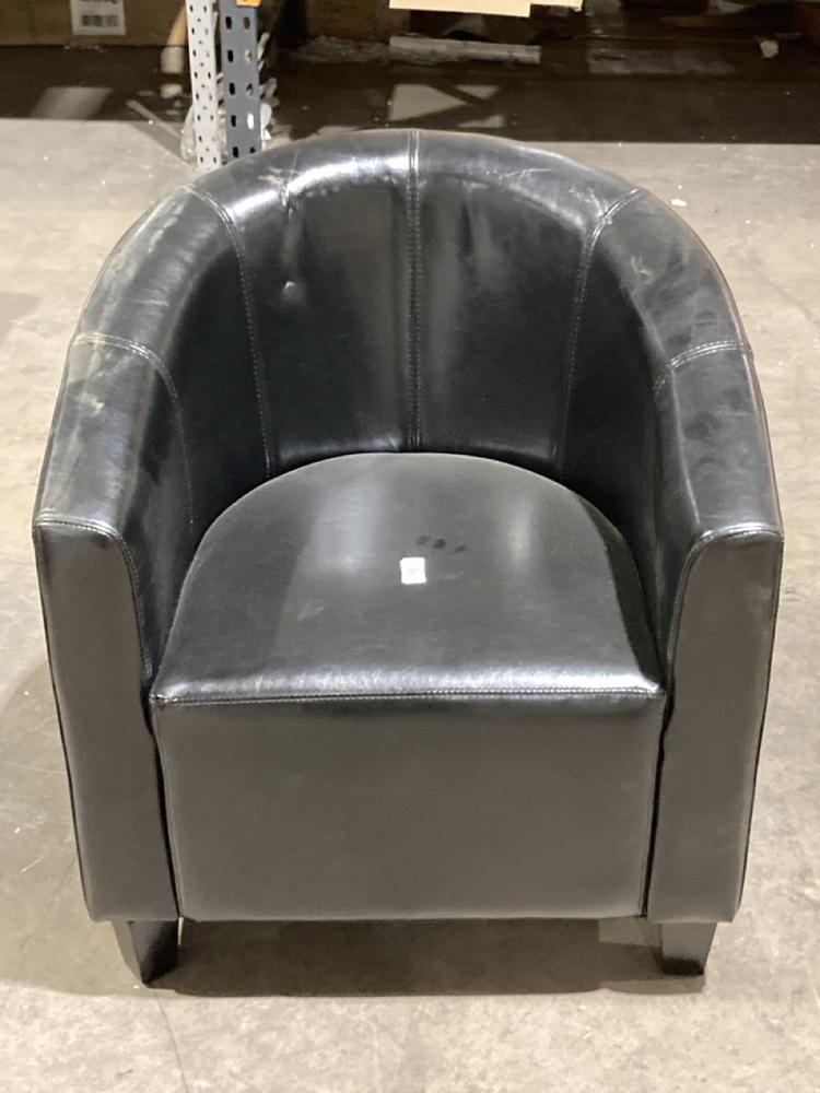 Lot 184  
            Birmingham SR106 - Collection or Optional Delivery Available 

                
TUB CHAIR IN BLACK LEATHER FABRIC (LOCATION: ROW 4 - C )