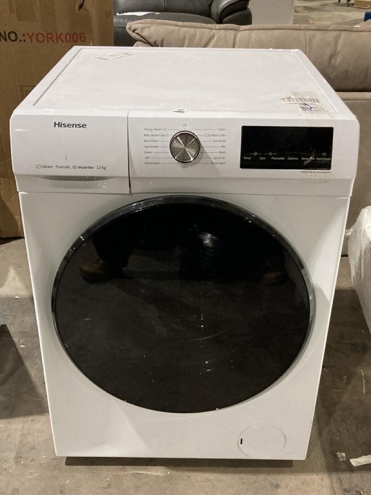 Lot 195  
            Birmingham SR106 - Collection or Optional Delivery Available 

                
HISENSE FREESTANDING 12 KG WASHING MACHINE IN WHITE - WFQA1214EVJM - ORIGINAL RRP...