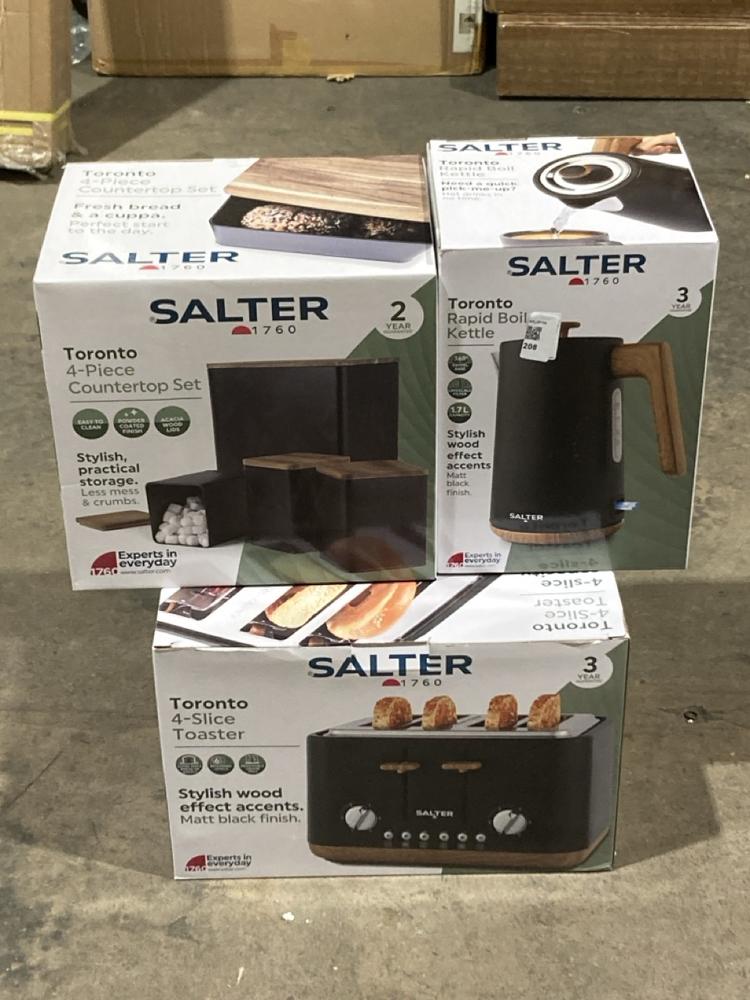 Lot 208  
            Birmingham SR106 - Collection or Optional Delivery Available 

                
3 VARIOUS SALTER ITEMS TO INCLUDE TORONTO 4 SLICE TOASTER (LOCATION: ROW 4 - C )