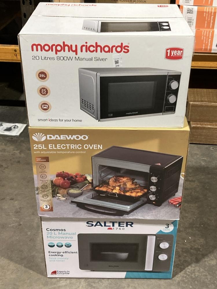 Lot 210  
            Birmingham SR106 - Collection or Optional Delivery Available 

                
3 VARIOUS ITEMS TO INCLUDE MORPHY RICHARDS 20 LITRE SILVER MICROWAVE (LOCATION: R...