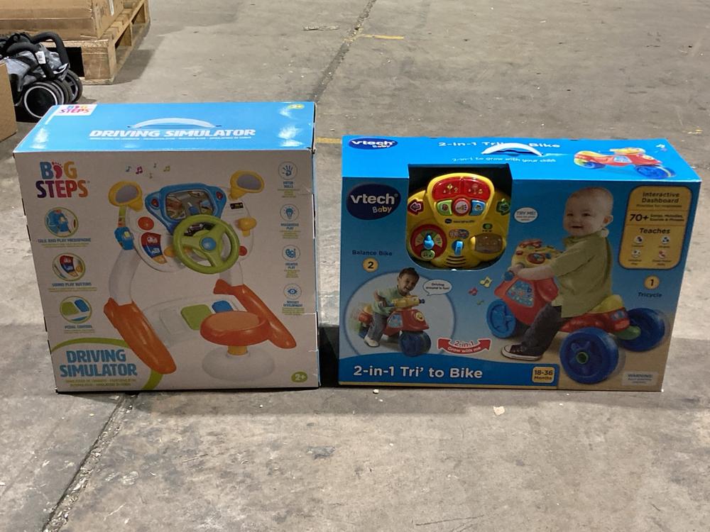 Lot 211  
            Birmingham SR106 - Collection or Optional Delivery Available 

                
VTECH BABY 2 IN 1 TRI TO BIKE TO INCLUDE BIG STEPS DRIVING SIMULATOR FOR KIDS TOT...