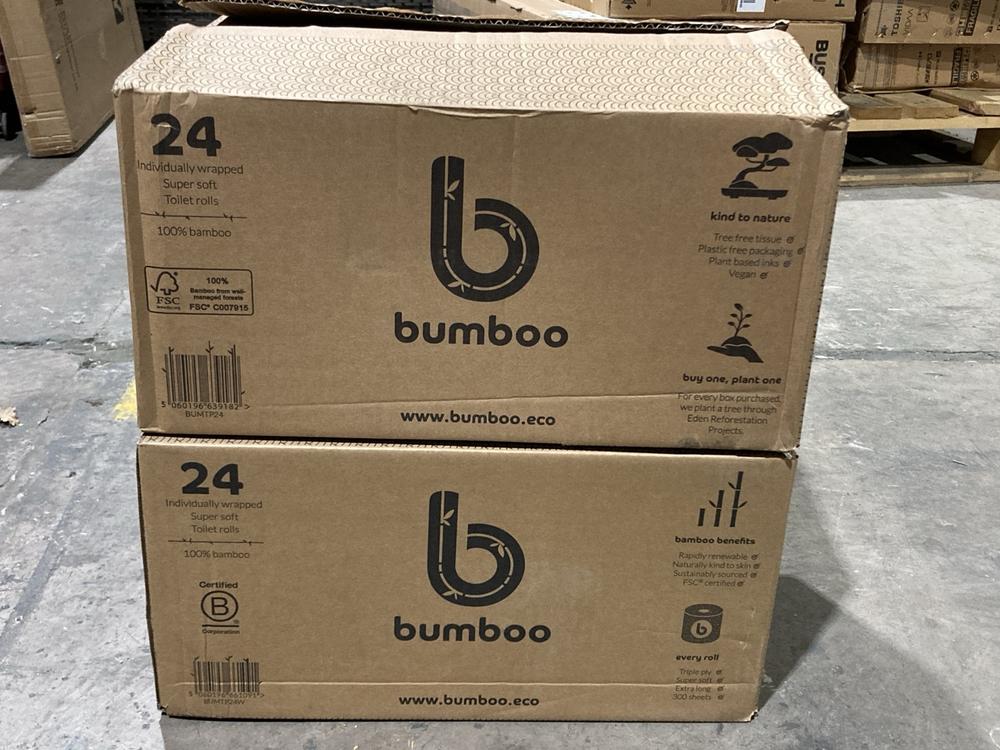 Lot 218  
            Birmingham SR106 - Collection or Optional Delivery Available 

                
2 X BUMBOO BAMBOO TOILET ROLL 24 PACK - BUMTP24 (LOCATION: ROW 4 - C )