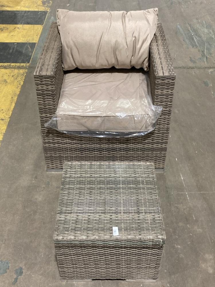 Lot 227  
            Birmingham SR106 - Collection or Optional Delivery Available 

                
RATTAN OUTDOOR HOTEL CHAIR WITH CUSHION TO INCLUDE COFFEE TABLE WITH GLASS TOP (L...