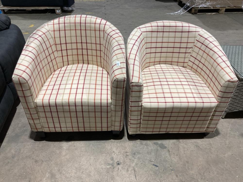 Lot 236  
            Birmingham SR106 - Collection or Optional Delivery Available 

                
2 X TUB CHAIR IN CREAM FABRIC WITH RED PATTERN (LOCATION: ROW 8 - D )