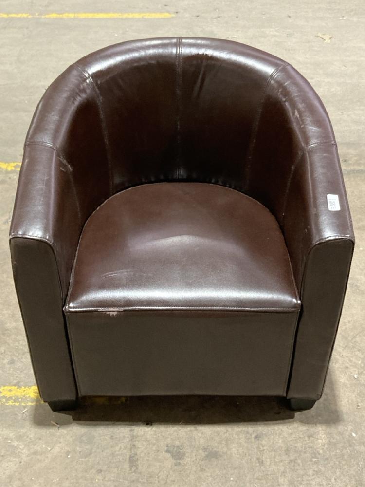 Lot 237  
            Birmingham SR106 - Collection or Optional Delivery Available 

                
TUB CHAIR IN DARK BROWN LEATHER FABRIC (LOCATION: ROW 8 - D )