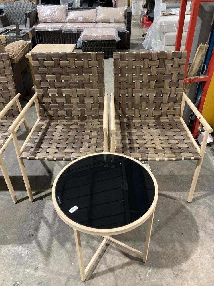 Lot 243  
            Birmingham SR106 - Collection or Optional Delivery Available 

                
2 X PATIO LEATHER EFFECT RATTAN WICKER BISTRO CHAIR TO INCLUDE ROUND COFFEE TABLE...
