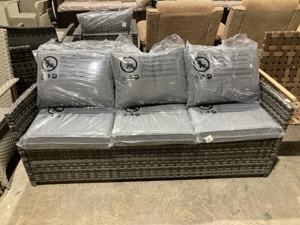 Lot 244  
            Birmingham SR106 - Collection or Optional Delivery Available 

                
RATTAN OUTDOOR 3 SEATER SOFA WITH CUSHION (LOCATION: ROW 8 - D )