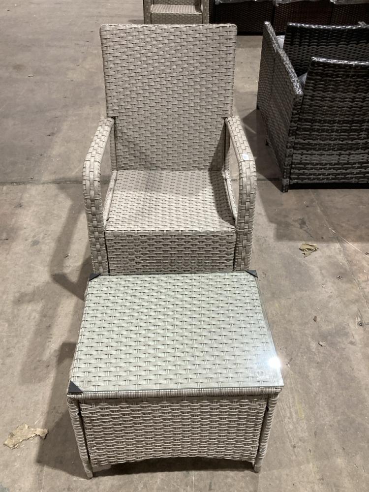 Lot 245  
            Birmingham SR106 - Collection or Optional Delivery Available 

                
RATTAN OUTDOOR CHAIR TO INCLUDE COFFEE TABLE WITH GLASS TOP (LOCATION: ROW 8 - D )