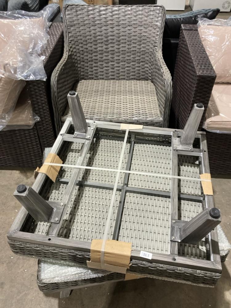 Lot 256  
            Birmingham SR106 - Collection or Optional Delivery Available 

                
RATTAN OUTDOOR CHAIR TO INCLUDE 2 COFFEE TABLE (LOCATION: ROW 7 - D )