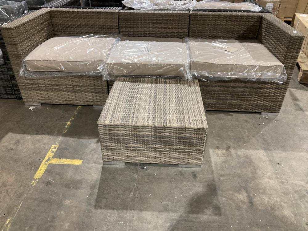 Lot 259  
            Birmingham SR106 - Collection or Optional Delivery Available 

                
RATTAN OUTDOOR 3 SEATER SOFA WITH CUSHION TO INCLUDE COFFEE TABLE (LOCATION: ROW ...